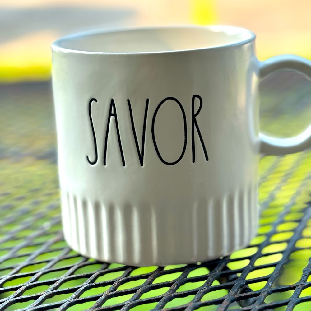 Rae Dunn White Ceramic Mug with 'Savor' from the Artisan Collection by Magenta